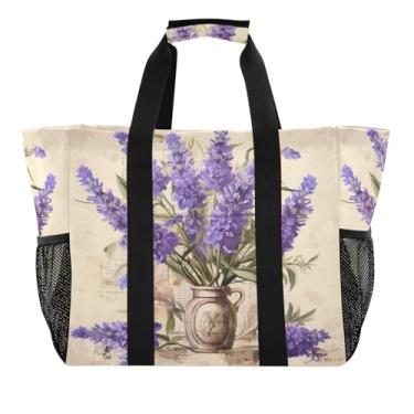 Imagem de Wassud Bolsa de compras reutilizável com ramo de flores de lavanda grande bolsa organizadora de lona impermeável para praia, piquenique, lavanderia, viagem