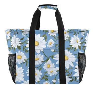 Imagem de Wassud Sacolas de compras reutilizáveis com estampa de margarida branca grande bolsa organizadora de lona impermeável para praia, piquenique, lavanderia, viagem