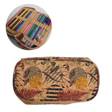 Imagem de Estojo Box Escolar Duplo Fofo Grande Floral Cortiça Organizador Colorido Aula Lápis Caneta Marrom