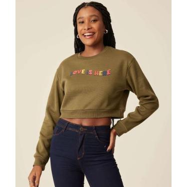 Imagem de Blusão Feminino Cropped Moletom Estampado Marisa-70920, Verde, GG