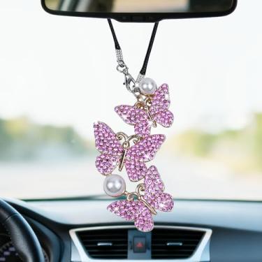 Imagem de Hbxdeco Acessórios femininos para pendurar no carro com diamante de borboleta brilhante, enfeite de pendurar espelho retrovisor de borboleta, pingentes de carro da sorte de strass de cristal, presente