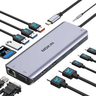 Imagem de Estação de ancoragem USB C 14 em 1, adaptador multiportas com 3 monitores, estação de ancoragem para laptop, monitor duplo com 2 HDMI 4K, VGA, Ethernet RJ45, USB C/A de 10 Gbps, 100W PD, SD/TF