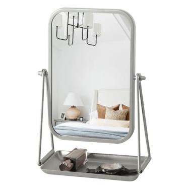 Imagem de Gosider Espelho de mesa pequeno com bandeja de armazenamento, moldura de ferro prateada, espelhos de pé para bancada de mesa, espelho de maquiagem com espelho giratório de 360 graus portátil para sala