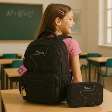 Imagem de Mochila de Costa e Estojo Box Luluca Juvenil Infantil Original, Preto,