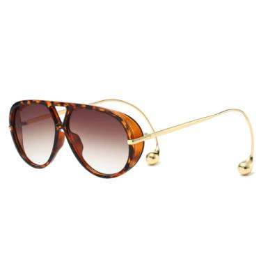 Imagem de HCHES Óculos de Sol Femininos de Luxo com Ponte Dupla, Formato Oval e Estampa de Leopardo Degradê, Armação Fina e Proteção UV400 (Marrom Leopardo)