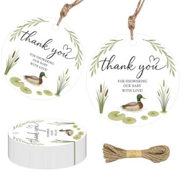 Imagem de 50 etiquetas de presente temáticas de pato selvagem, design de pato redondo e lírio d'água com fio de juta, etiquetas de presente de papel para chá de bebê, lembrancinhas de festa de animais de