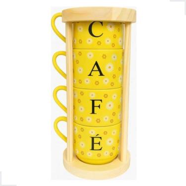 Imagem de Jogo 4 Xícaras Amarelo Hotel 200ml C/ Suporte Pinus - Café - Lu Porcel