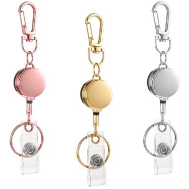 Imagem de 3 peças de porta-crachás retráteis de metal com clipe de carretel mosquetão chaveiro de decoração cartão de nome para enfermeira professora estudante (prata, ouro, ouro rosa)