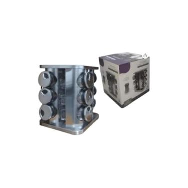 Imagem de Porta Condimentos Giratório 360°, Inox e Bambu, 12 Potes de Vidro 90ml, 21,5x19,5cm, Transparente