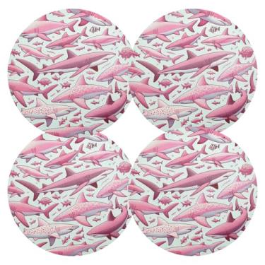 Imagem de Conjunto de 4 tapetes brancos Pink Sharks para ambientes internos e laváveis, para cozinha, mesa de jantar, 38 cm, jogo americano redondo de PVC para ambientes internos