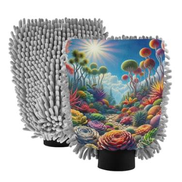 Imagem de ODAWA Luvas de carro de microfibra de chenille suculentas coloridas para lavar, pacote com 2, luvas de lavagem de carro para canhão de espuma, 18 cm x 26 cm