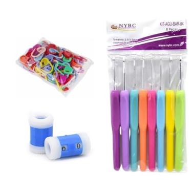 Imagem de Kit Crochê Completo 8 Agulhas Cabo Emborrachado + 100 Marcadores de Ponto Newz + Contador Manual Azul Carreiras Tricô Amigurumi Artesanato