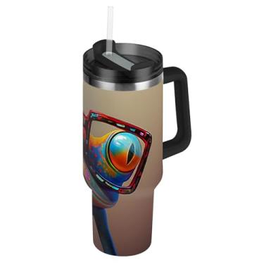 Imagem de Copos coloridos de sapo com tampas e canudo térmico com alça garrafa de água isolada de 850 g xícaras de café quente de aço inoxidável para carro