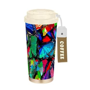 Imagem de TSENQUE Borboletas coloridas vibrantes, caneca de café para viagem, 40 ml com canudo e tampa, canecas de café de parede dupla isoladas a vácuo com revestimento cerâmico para escola, escritório, festa