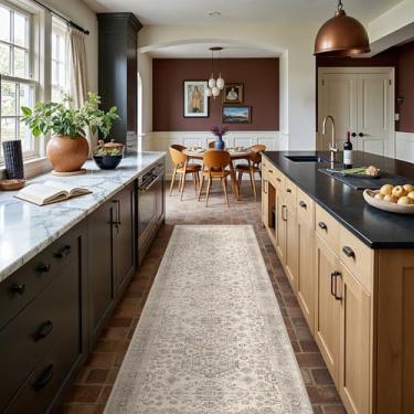 Imagem de Bavni Tapete de corredor lavável, 60 cm x 20 cm, antiderrapante vintage, tapete lavável de pilha baixa ultrafina para cozinha, entrada, quarto, marrom acinzentado claro