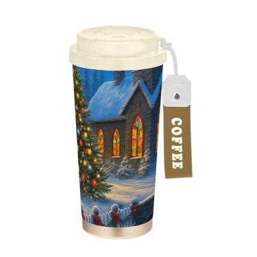 Imagem de TSENQUE Caneca de café de viagem 40 ml com canudo e tampa, copo de café de viagem de aço inoxidável à prova de vazamento para escritório, escola, festa, acampamento, cena de vila de Natal na neve