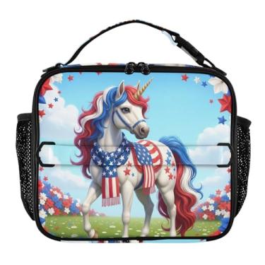 Imagem de Lancheira fofa com bandeira americana de unicórnio para mulheres, lancheira personalizada para meninas, crianças, homens, lancheira para trabalho, animal, floral, comida térmica, isolada para escola