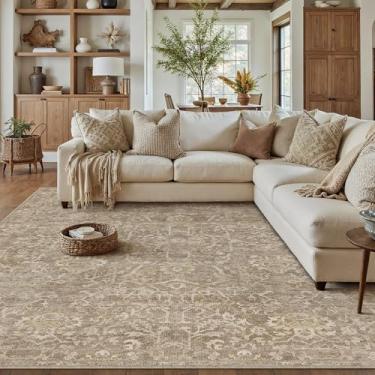 Imagem de HUGEAR Tapete de área, 15 x 23, marrom claro, lavável à máquina, tapetes para sala de estar, envelhecido, vintage, floral, aspirável, tapete baixo, quarto, escritório, sala de jantar, lavanderia