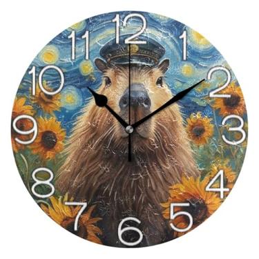 Imagem de GAIGEO Relógio de parede analógico decorativo quarto cozinha relógio operado a bateria, arte de parede moderna legal decoração de casa, pintura bonita capivara colorida, 25 cm, ponteiros dourados