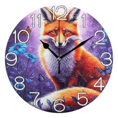 Imagem de GAIGEO Relógio de parede analógico decorativo estético silencioso sem tique-taque relógio de cozinha de escritório, arte de parede boho, decoração de casa, animal de flor de raposa laranja, 25 cm