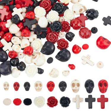 Imagem de arricraft 240 kits de contas de pedras preciosas de crânio, contas de rosa e cruz de crânio turquesa sintética e fio de cristal elástico de 13 metros para fazer joias, pulseiras, colares, artesanato