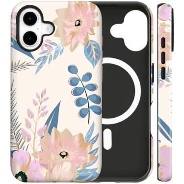 Imagem de flewfun Capa magnética para iPhone 16 Plus linda borboleta flor lírio padrão floral, TPU fino à prova de choque e capa protetora de policarbonato rígido compatível com MagSafe projetada para mulheres