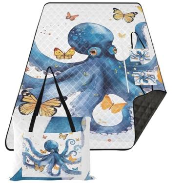 Imagem de TSENQUE Lindo cobertor de praia à prova d'água de polvo azul à prova de areia, tapete para brincar ao ar livre para grama, suprimentos de piquenique extragrande, tapete dobrável 299 cm x 203 cm
