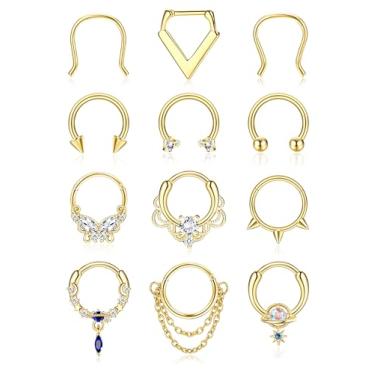 Imagem de YADOCA 12 peças de anéis de septo 16G de aço cirúrgico pingente de septo joias para mulheres piercing de septo anéis de nariz argola CZ ferradura cartilagem hélice tragus daith piercing de septo joia 10 mm, Metal, Zircônia cúbica