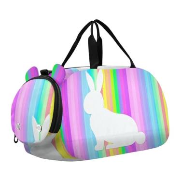 Imagem de Abóbora preta bruxa gato meninos bolsa esportiva infantil para fim de semana bolsas de viagem para meninas bolsa esportiva infantil, Coelho branco, listras arco-íris, Clássico