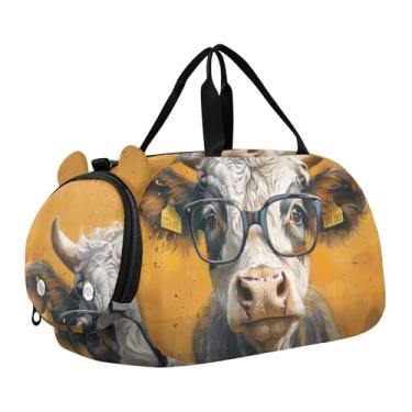 Imagem de Bolsa esportiva para meninos Highland Cow Pink Glasses Overnight Weekender Bolsa de viagem para meninas, highland cow yellow, Clássico