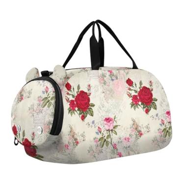Imagem de Sacola de viagem com glitter rosa vibrante para meninas, bolsas de viagem para fim de semana, bolsa esportiva infantil para meninos, Rosas vermelhas rosa floral vintage, Clássico