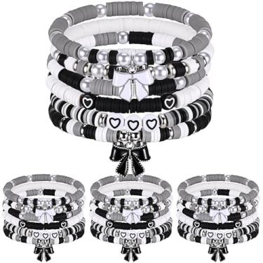 Imagem de Landical 24 pulseiras de laço de amizade em massa boho, presentes de festa, pulseiras elásticas com contas para artigos de festa hippie retrô (preto, laço coquete)