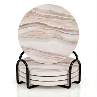 Imagem de VEYRO Conjunto de 4 porta-copos para bebidas – Porta-copos de cerâmica absorvente com suporte de cortiça para mesa de centro e mesa, conjunto de porta-copos moderno com aparência de mármore, presente