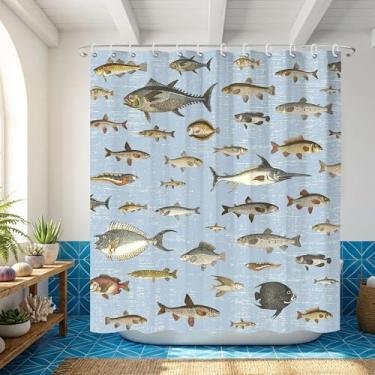 Imagem de TSLOVER Cortinas de chuveiro de peixe azul vintage, cortinas de banho de pesca de truta salmão para crianças, tecido de poliéster impermeável engraçado decoração de banheiro com tema oceano, 182 x 182