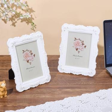 Imagem de ORIGACH 2 porta-retratos com textura rosa, 12,7 x 18 cm, moldura de resina vintage, inclui vidro frontal, suporte para fotos para chá de noiva para mãe, aniversário, uso vertical, branco