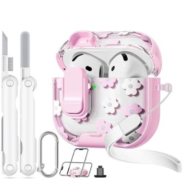Imagem de Skyconser Capa com trava de segurança para Apple AirPods 4, capa floral transparente fofa para AirPod 4ª geração com suporte de telefone e kit de limpeza para mulheres