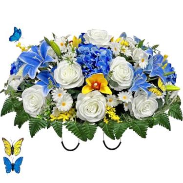 Imagem de MUVIC Flor de cemitério artificial para sepultura, sela de flor de lápide - Margarida rosa lírio Cymbidium, ajuste fácil