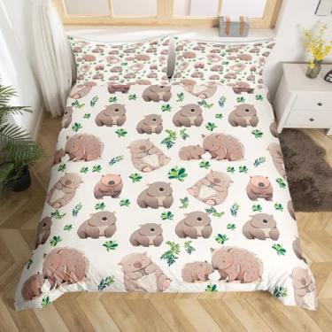 Imagem de Conjunto de capa de edredom de desenho animado Wombats, tamanho solteiro, 2 peças, aquarela botânica, folhas verdes, estilo selva, para crianças, meninos, meninas, adolescentes, cinza, animais