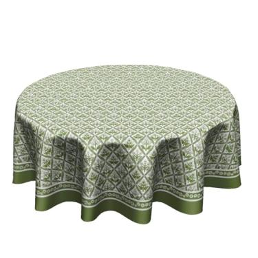 Imagem de Toalha de mesa redonda com estampa de bloco verde sálvia da primavera, 152 cm, flores verdes e brancas, capa de mesa lavável, floral, para decoração de mesa para jantar, cozinha, festa, piquenique ao
