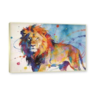 Imagem de NHLDZYH Moldura dourada. Pintura salpicada de leão pintura em tela abstrata arte animal mural vívido chama a atenção para sala de estar decoração moderna para casa. A91. 80 x 120 cm.