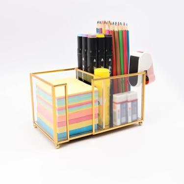 Imagem de Shonmogar Porta-notas adesivas de vidro, dispensador de 2 compartimentos, organizador de mesa dourado para notas adesivas de 7,5 x 3 cm, clipes de papel/clipes de livro, suporte elegante para mesa de