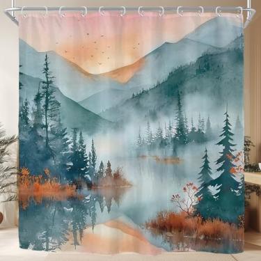Imagem de Riyidecor Cortina de chuveiro de montanha para decoração de banheiro 72Lx78H pintura de tinta de cenário de floresta verde pinho nebuloso pôr do sol paisagem natureza arte impressa tecido poliéster