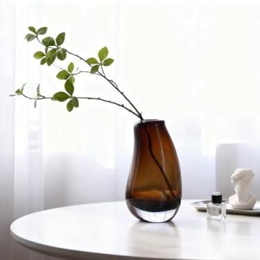 Imagem de Vaso de vidro âmbar, vaso de vidro marrom soprado à mão 21,6 cm, vaso de flor âmbar para grama dos pampas e flores frescas, vasos marrons para centros de mesa, vasos de flores modernos, decoração de