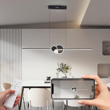 Imagem de Luminária pendente LED moderna e regulável para mesa de jantar, com controle remoto, 30W, estilo linear, altura ajustável, ideal para escritório, sala de jantar e sala de estar.