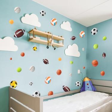 Imagem de Adesivos de parede de bola esportiva para crianças - 6 folhas de decalques de basquete de futebol, decoração de tema esportivo removível para quarto de jogos (várias bolas)