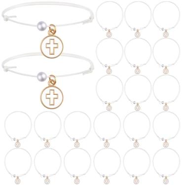 Imagem de Kenning 30 pulseiras de lembrancinhas de batismo, cristãs, ajustáveis, pulseiras de fé, pérolas com cruz, para lembrancinhas de festa de batismo, igreja, casamento, primeira comunhão, fé, igreja