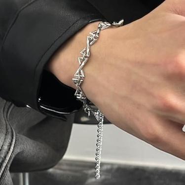 Imagem de Pulseira masculina de espinhos de letras, pulseira de corrente cubana de liga inoxidável, acessório de pulso minimalista estilo hip hop, joia de corrente de prata moderna para homens, pulseira punk