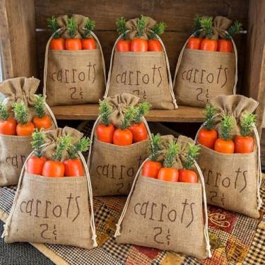 Imagem de SilTriangle 8 unidades de saco de serapilheira de Páscoa 29 x 19 cm Grande Rústico Páscoa Cenoura Cesto de Tecido Vintage de Serapilheira com Cordão Saco de Presente para Caça ao Ovo Lembranças de