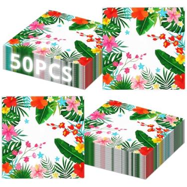 Imagem de Guardanapos de festa tropicais Luau de 50 unidades – Guardanapos descartáveis de almoço de 33 x 33 cm com design floral de hibisco e folhas de palmeira para festas havaianas, churrascos de verão