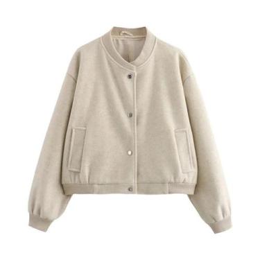 Imagem de Jaqueta Bomber Cropped Em Tweed Bege E Preto Para Mulheres, Manga Long